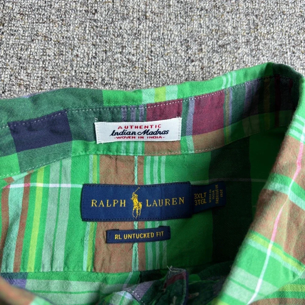Ralph Lauren Shirt Mens 3XLT Green Madras Plaid RL Untucked Fit Short Sleeve